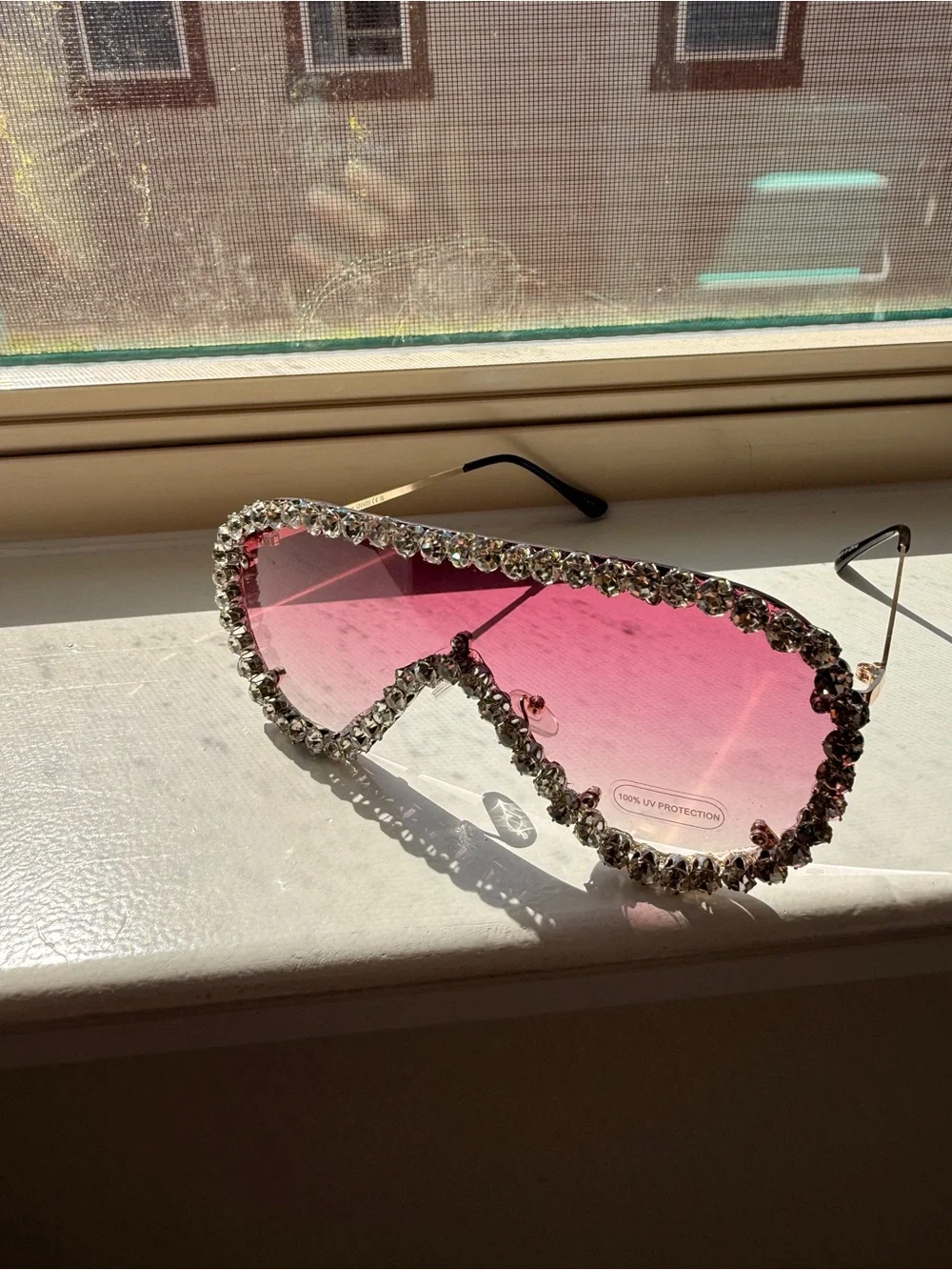 Rhinestone Trim Pink Shield Sunglasses - Women Accessories